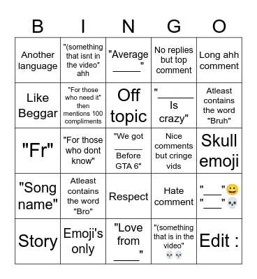 Youtube Bingo Comment section Bingo Card