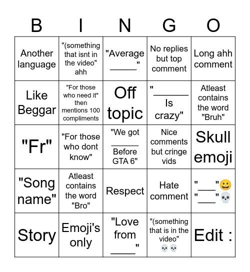 Youtube Bingo Comment section Bingo Card