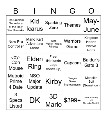 Nintendo Switch 2 Direct Bingo Card