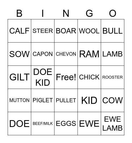 Livestock Bingo Card