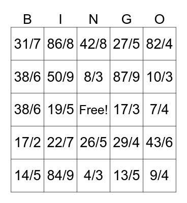 Improper Fractions Bingo Card