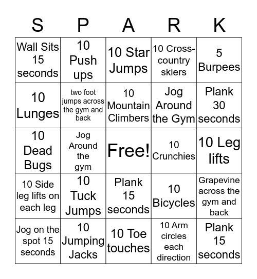 Fitness Bingo Card