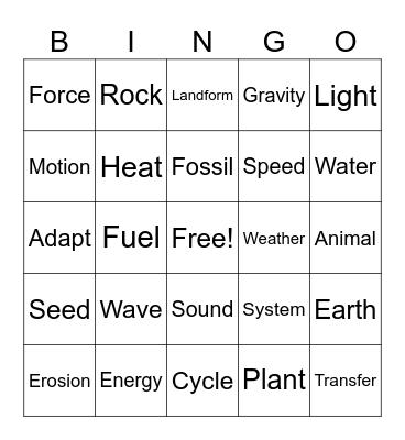 SCREADY Science Vocabulary 4th Grade Bingo Card
