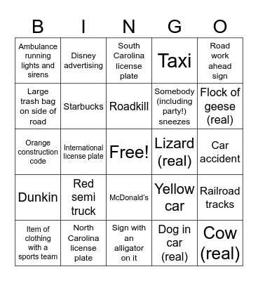 Roadtrip Bingo Card