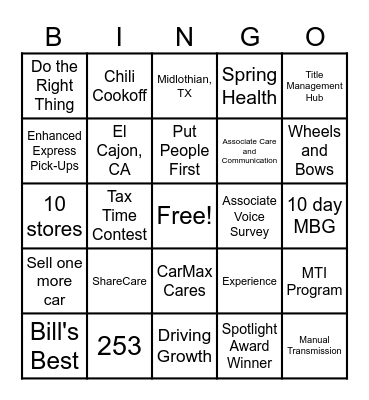 CARMAX BINGO Card