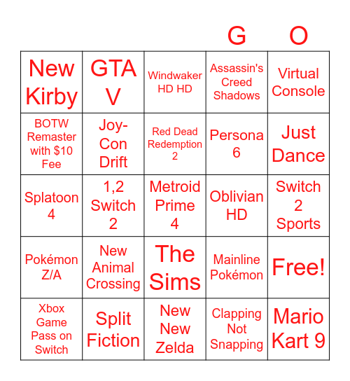Nintendo Switch 2 Direct Bingo Card