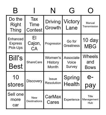 CARMAX BINGO Card