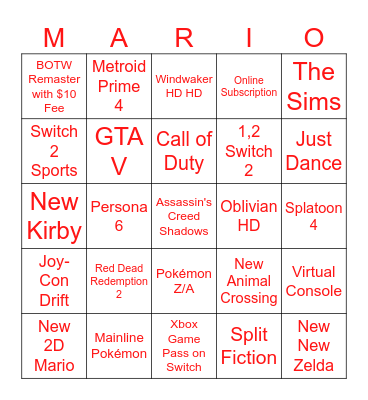 Nintendo Switch 2 Direct Bingo Card