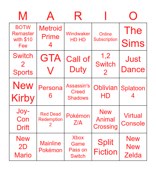 Nintendo Switch 2 Direct Bingo Card
