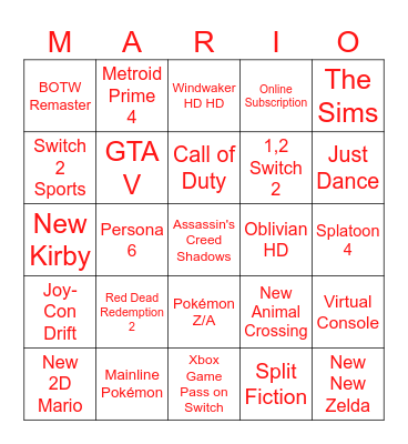 Nintendo Switch 2 Direct Bingo Card