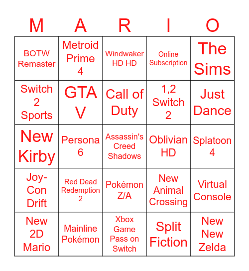 Nintendo Switch 2 Direct Bingo Card