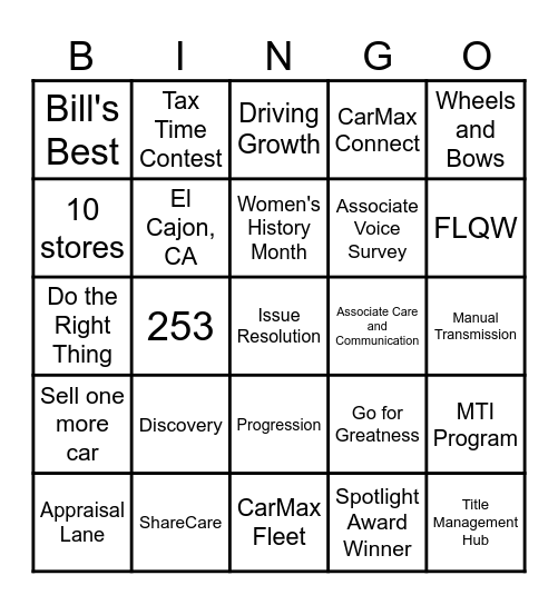 CARMAX BINGO Card
