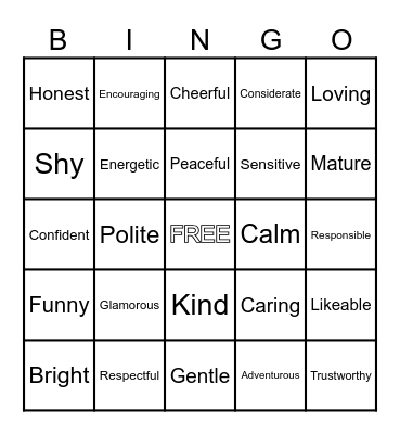 Character Trait Bingo Card