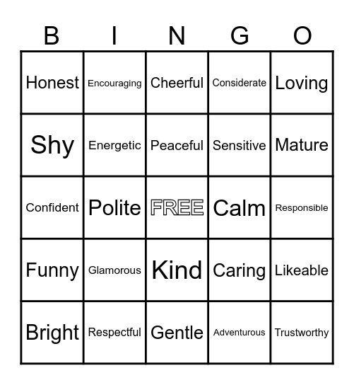 Character Trait Bingo Card