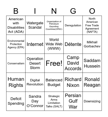 Late 20th Century Bingo Card