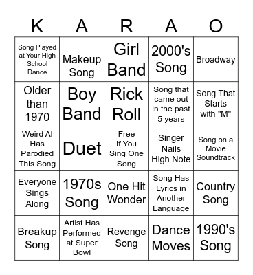 Karaoke Bingo Card