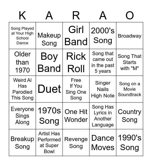 Karaoke Bingo Card