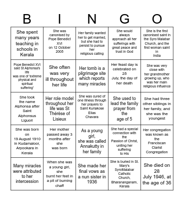 St Alphonsa Bingo Card