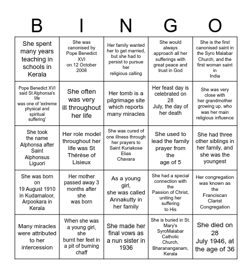 St Alphonsa Bingo Card