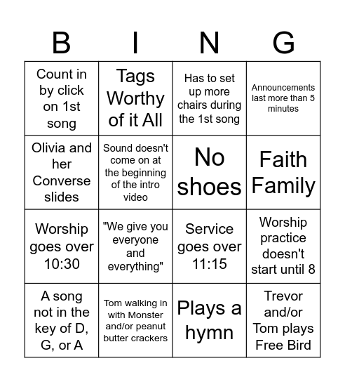 Leo Worship Team Bingo Card