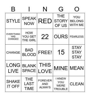 TAYLOR SWIFT SONGS Bingo Card