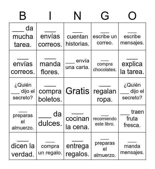 Indirect object pronouns Bingo Card