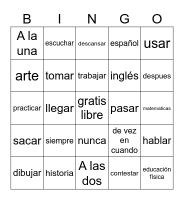 -AR Verbs Bingo Card