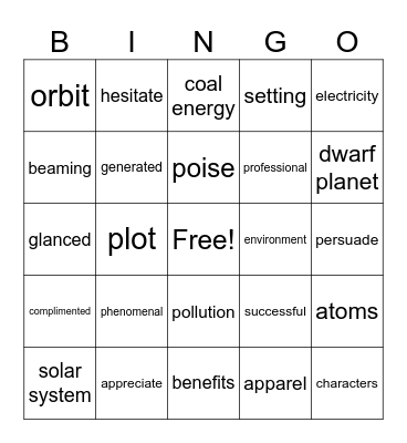 Reading Vocabulary Bingo Card