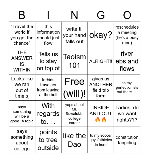 Mr. Wood BINGO Card