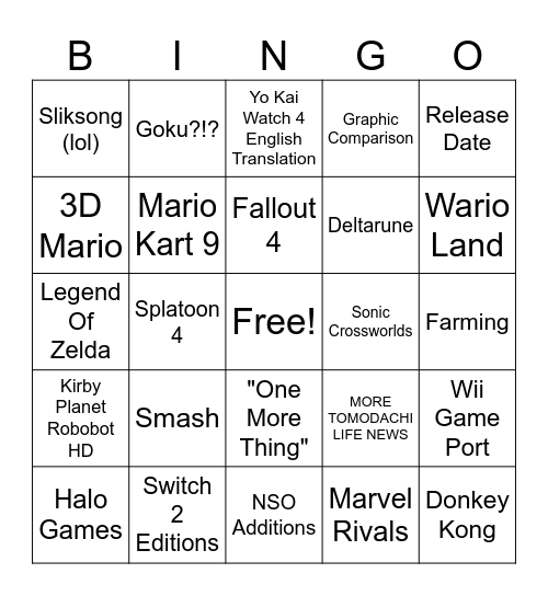 Nintendo Switch 2 Direct Bingo Card