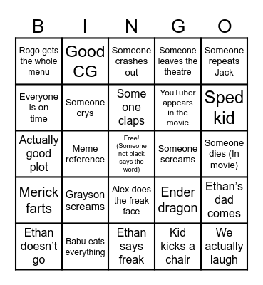 A Minecraft movie Bingo Card