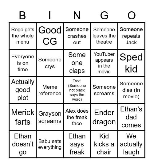 A Minecraft movie Bingo Card