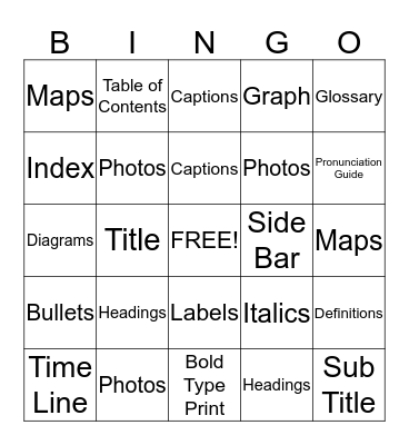 Text Features Bingo Card