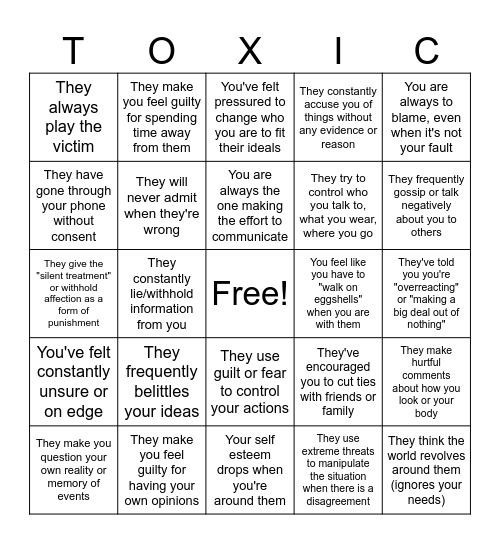 Toxic Relationships Bingo Card