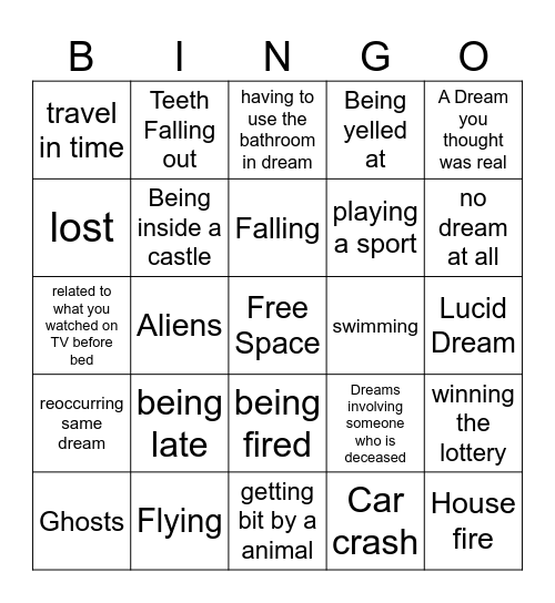 Dream Bingo Card
