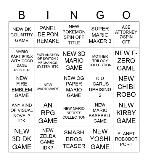 NINTENDO DIRECT 2/4 Bingo Card