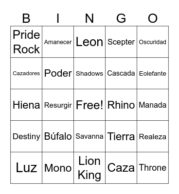 Lion King Bingo Card