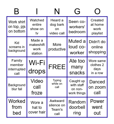 Work from Home Bingo Card