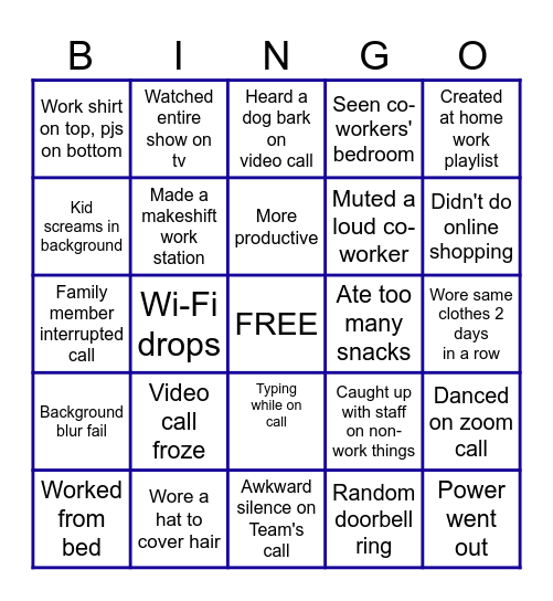 Work from Home Bingo Card