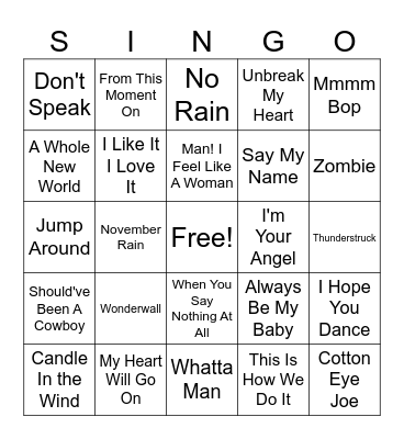 90's Bingo Card