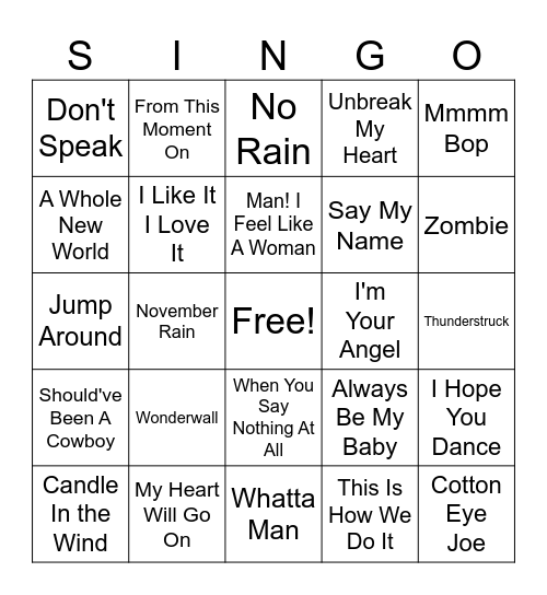 90's Bingo Card