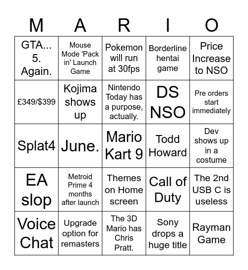 Switch 2 Direct Bingo Card