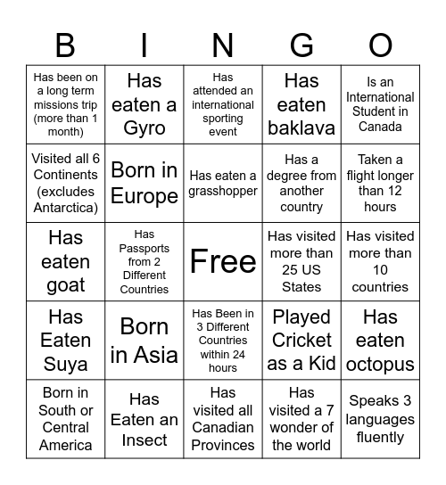 International Night Bingo Card
