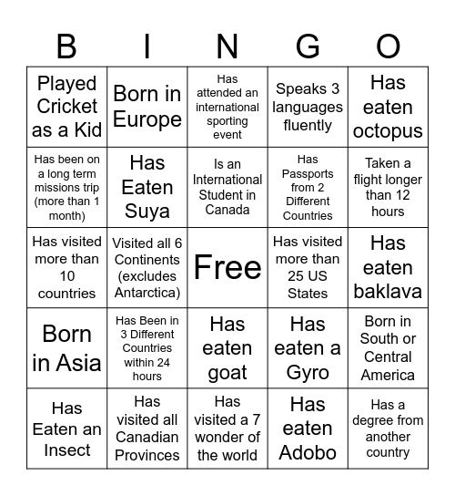 International Night Bingo Card