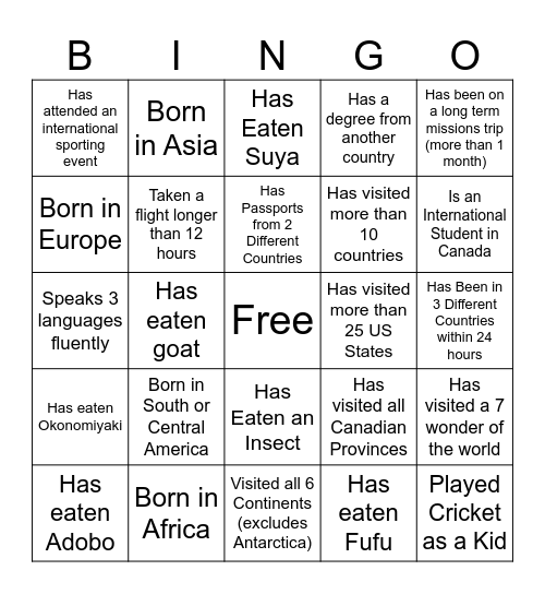 International Night Bingo Card