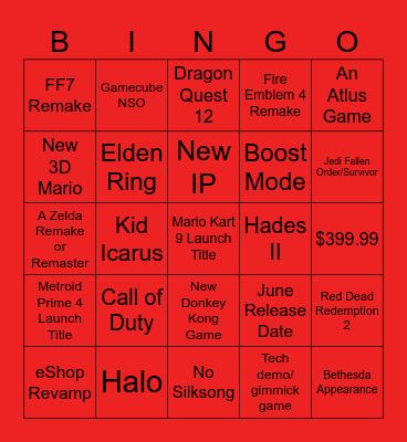 Nintendo Switch 2 Bingo Card