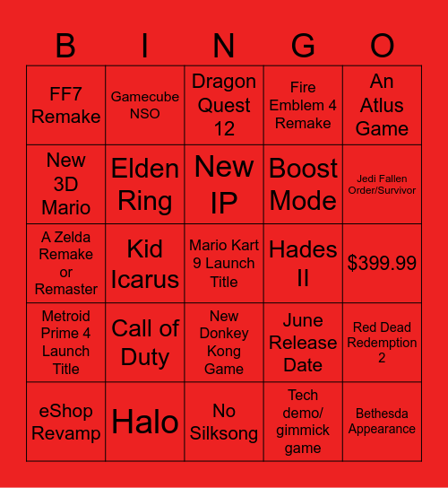 Nintendo Switch 2 Bingo Card