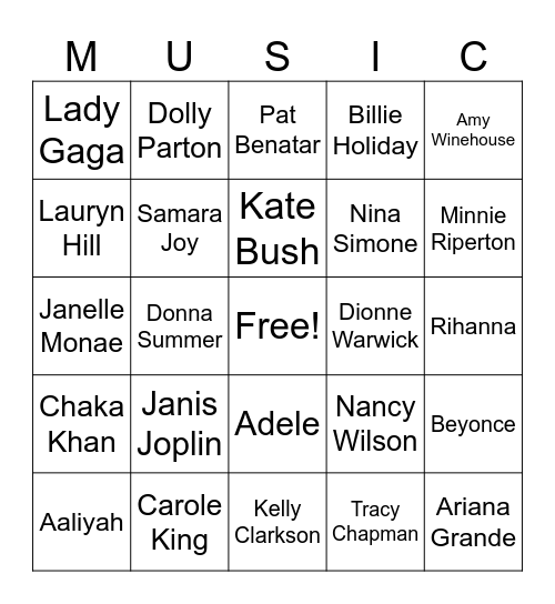 Women in Music Edition Bingo Card