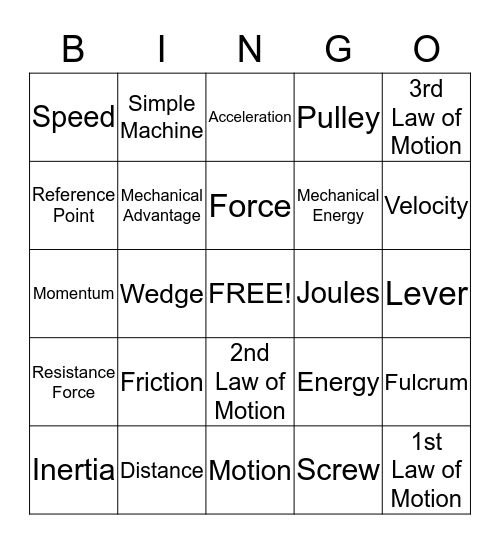 Chapter 9: Motion and Machines Bingo Card
