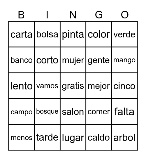 Trilíteras bisílabas Bingo Card